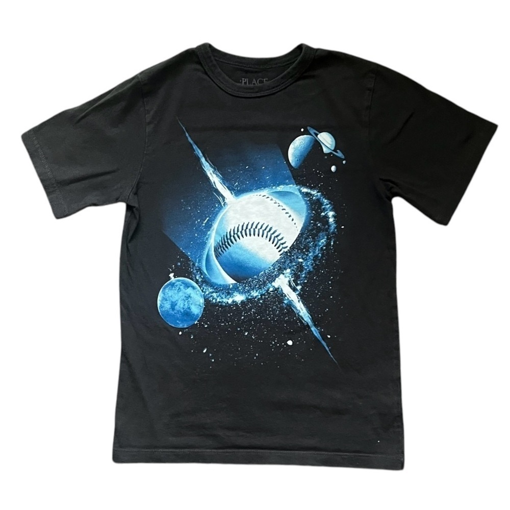 PLACE Kids Black and Blue Graphic T-Shirt Boys S (5-6) space themed short sleeve